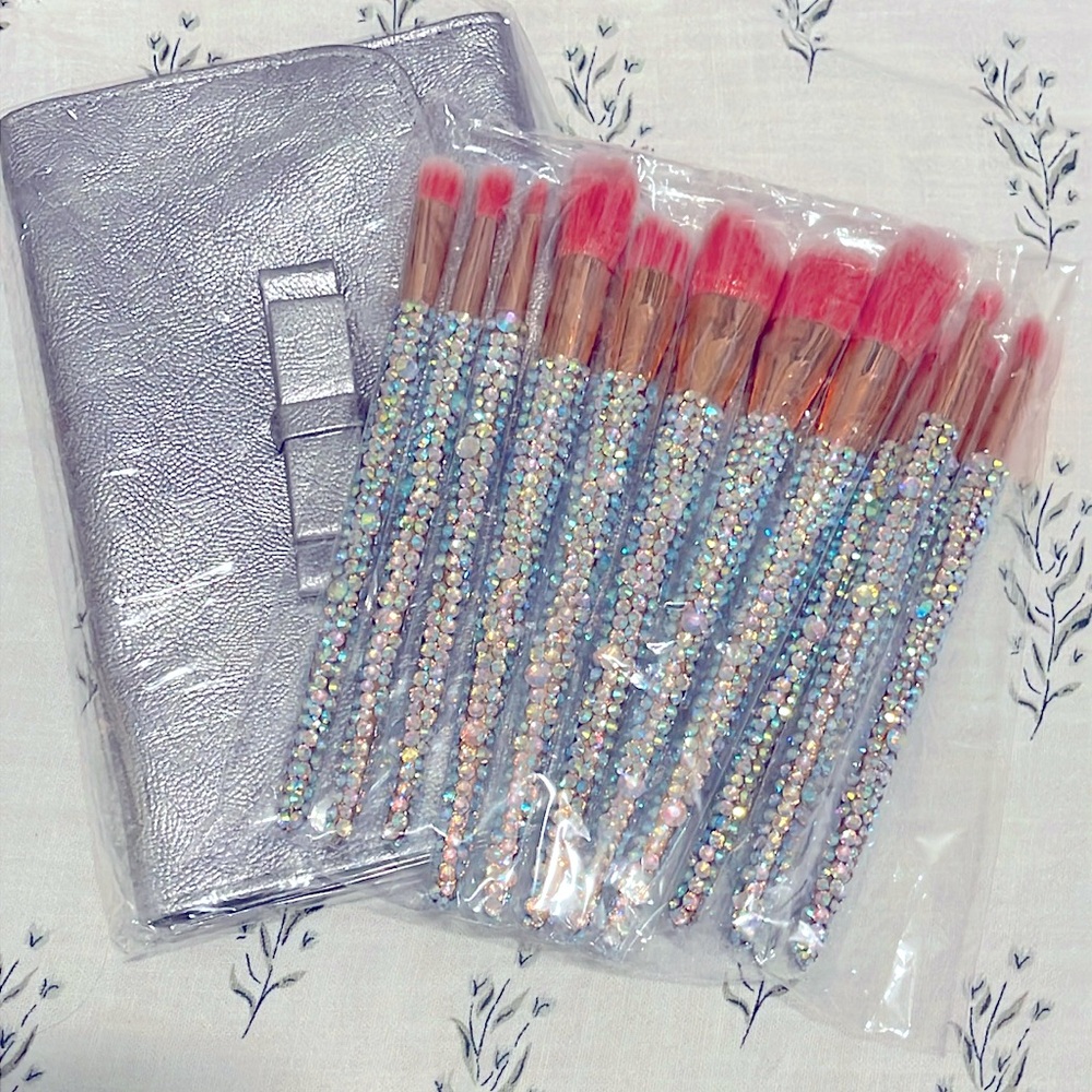 Pink & Silver Rhinestone Bling Makeup Brush Set with Bag x12 NWT